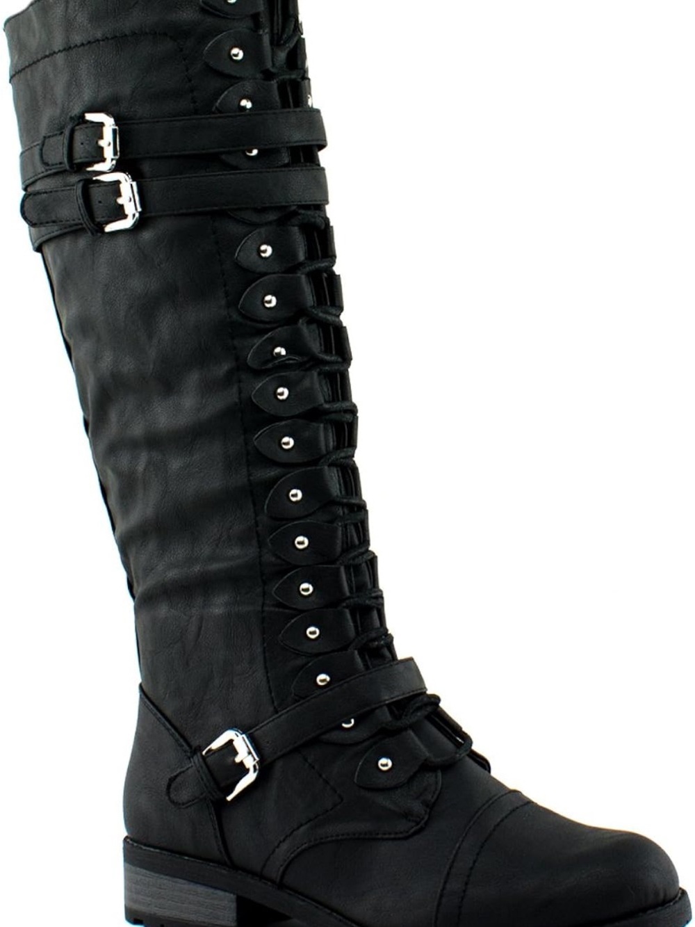 Wild Diva Black Knee-High Lace-Up Riding Boots with Buckles